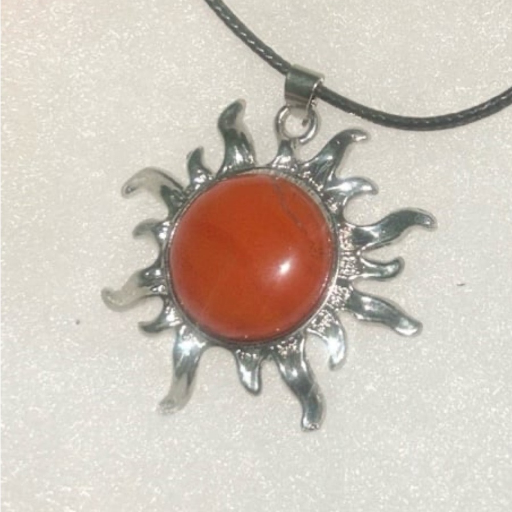 Boho hippie Red Jasper Crystal Sun on Black Cord 18-20” Necklace